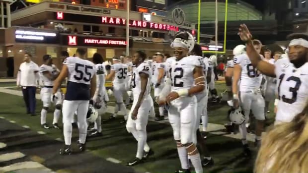 Penn State celebrates football celebrates with fans following win over Maryland